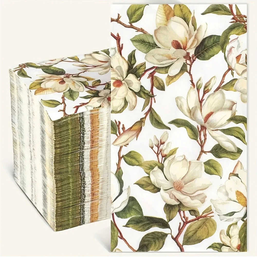Set of 100 Magnolia Floral Themed Dinner Napkin Guest Towels for Large Party